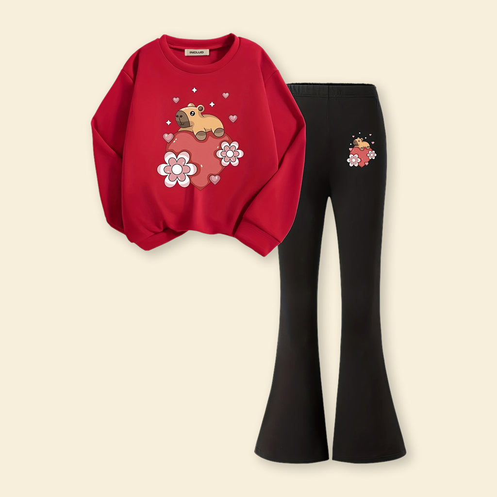 Girls Red Heart Print Sweatshirt with Flared Pants Set 2 pc. Sets Red 7-8 Y