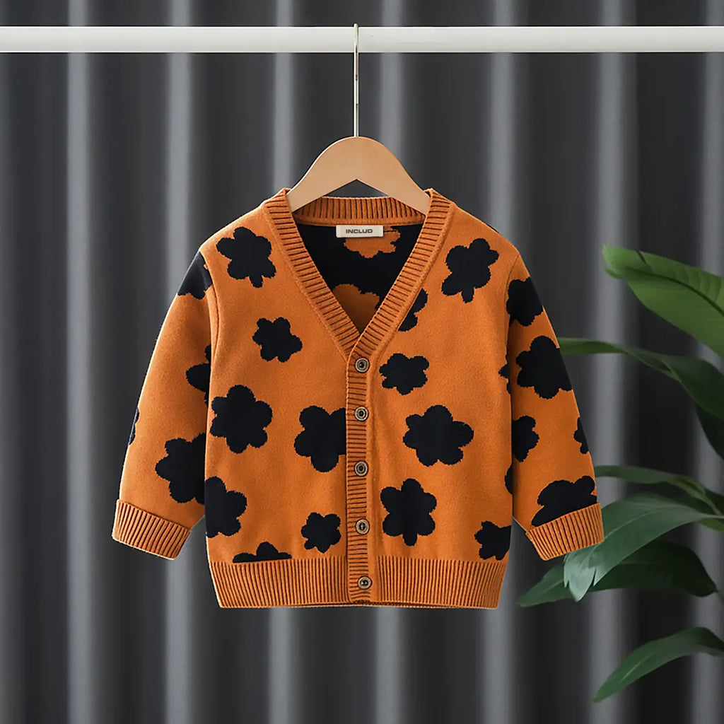 Boys Orange Self-Design Floral Pattern Knitted Cardigan Sweaters & Cardigans Orange 1-2 Y