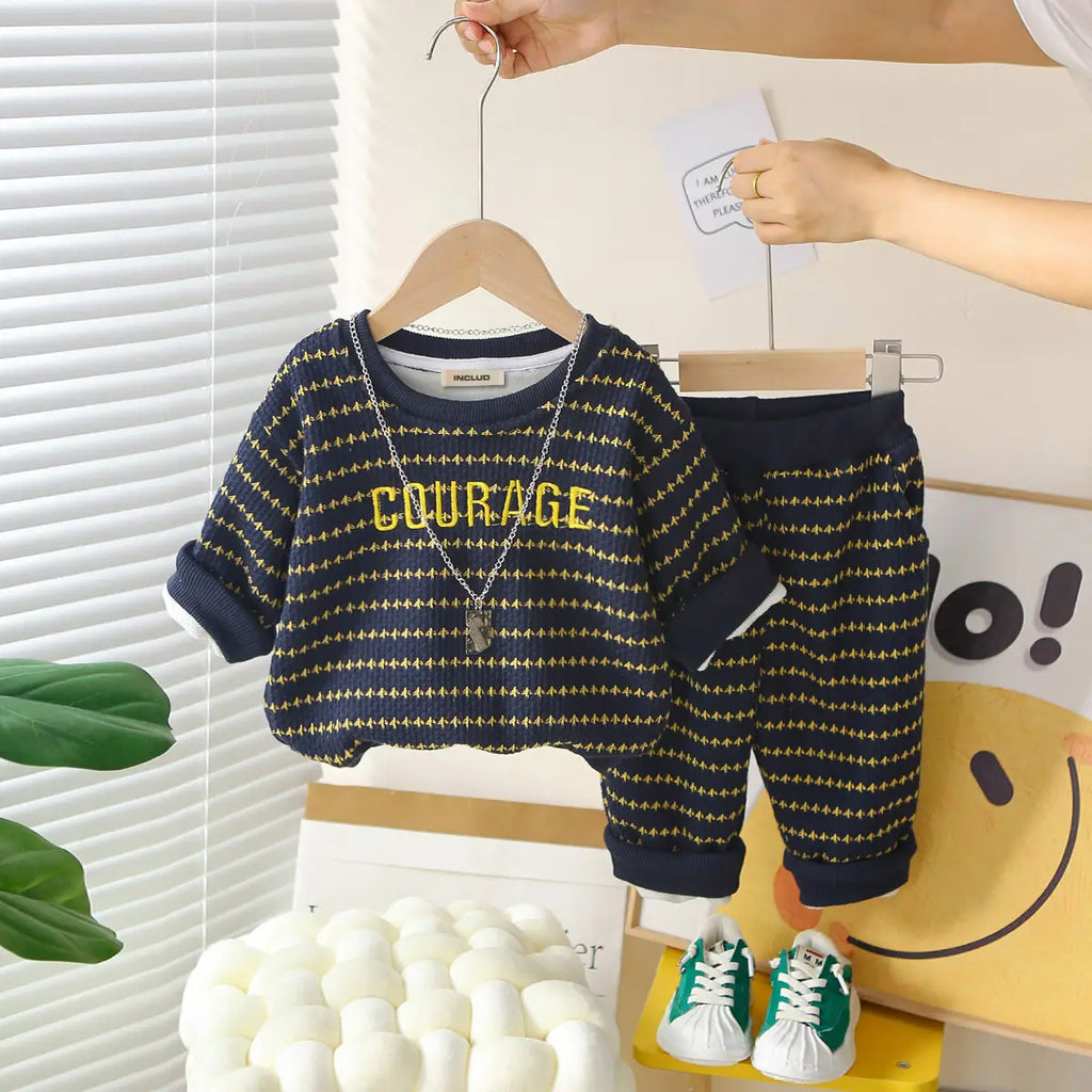 Boys Navy Blue Printed Regular Sweatshirt With Trouser Sets 3 pc. Sets Navy Blue 1-2 Y