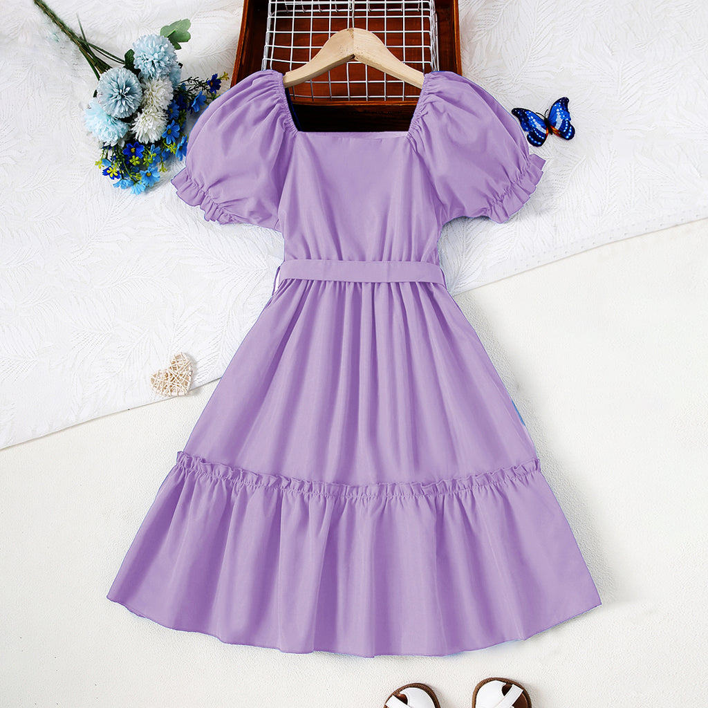 Girls Purple Short Sleeve Fit & Flare Square Neck Dress Casual Dresses Purple 8-9 Y