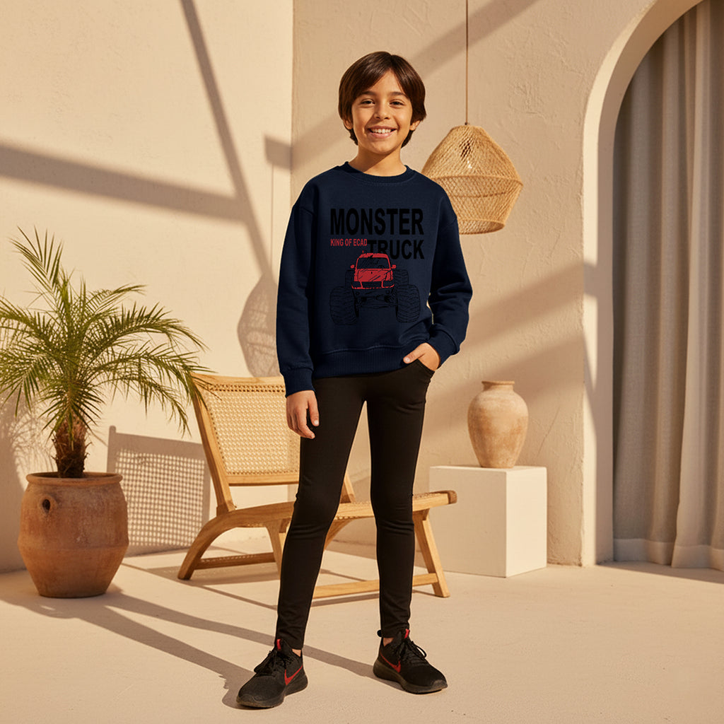 Boys Navy Blue Monster Truck Graphics Round Neck Sweatshirt Sweatshirts & Hoodies Navy Blue 1-2 Y