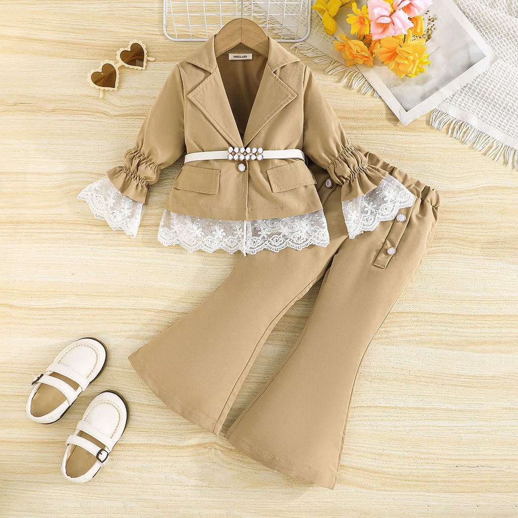 Girls Khaki Long Sleeves Blazer Top With Flared Hem Pant Sets Sets Khaki 2-3 Y