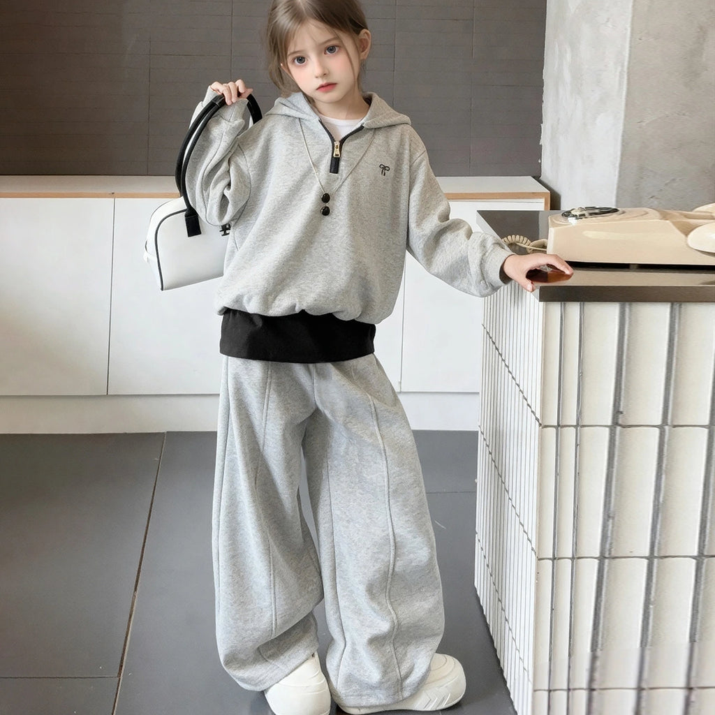 Girls Grey Half Zipper Hoodie With Wide Leg Pants Sets Sets Grey 5-6 Y