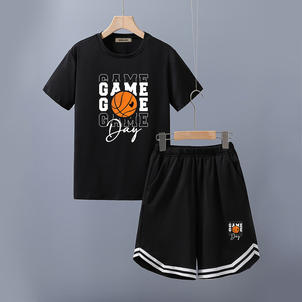 Boys Black Game Over Printed Short Sleeve T-Shirt With Shorts Set 2 pc. Sets Black 5-6 Y