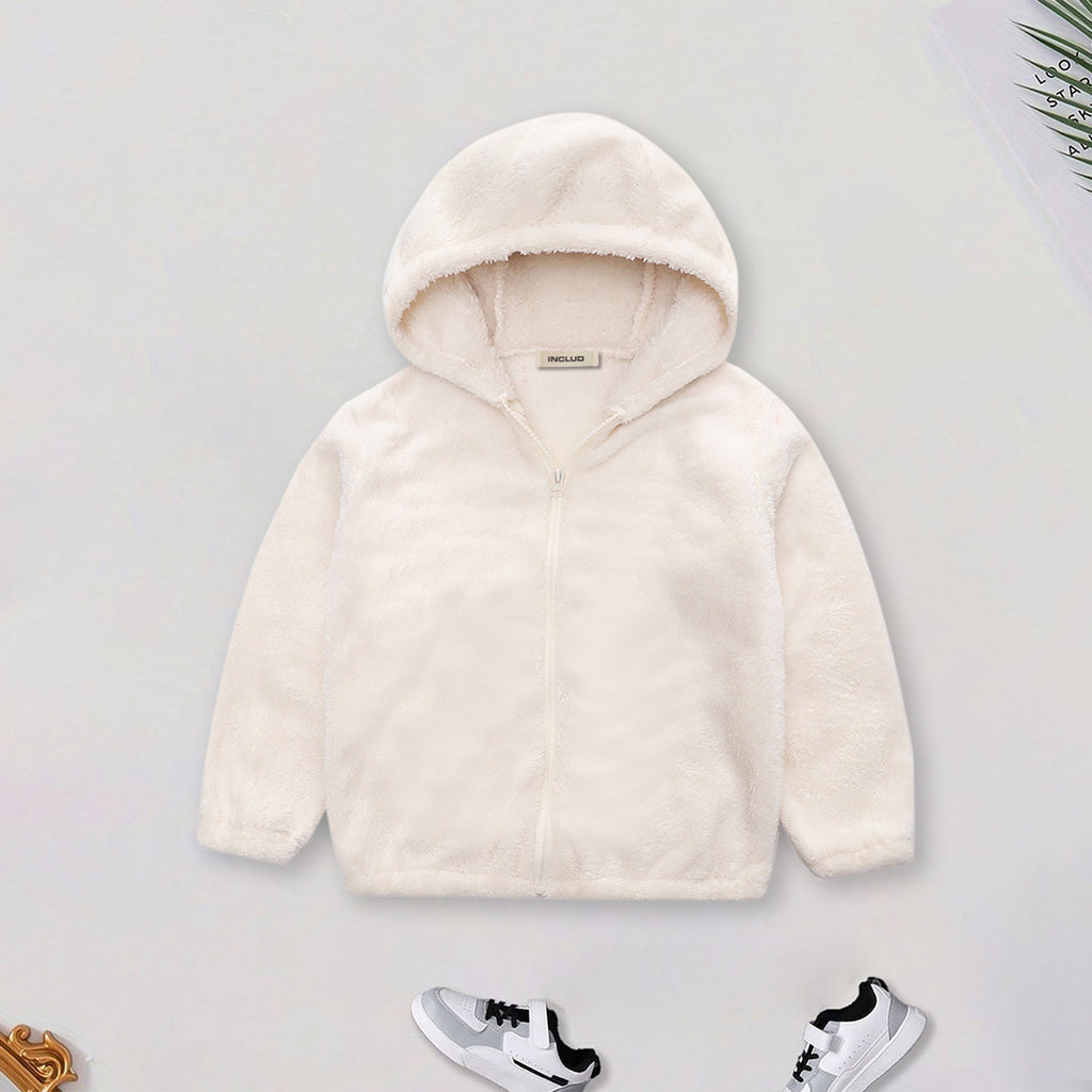 Girls Off White Fur Front Zipper Hooded Winter Jacket Coats & Jackets Off White 5-6 Y