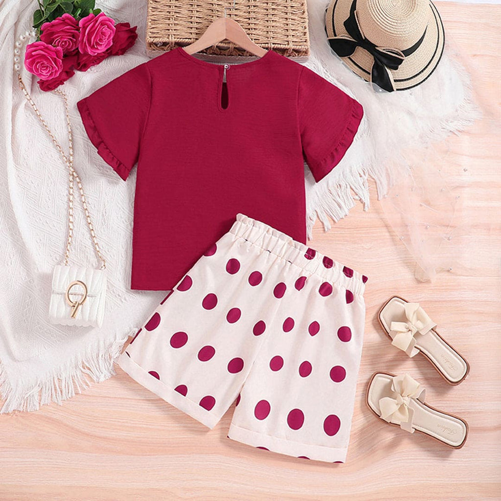 Girls Short Sleeve Top With Polka Dot Print Shorts Set Sets Red 7-8 Y 