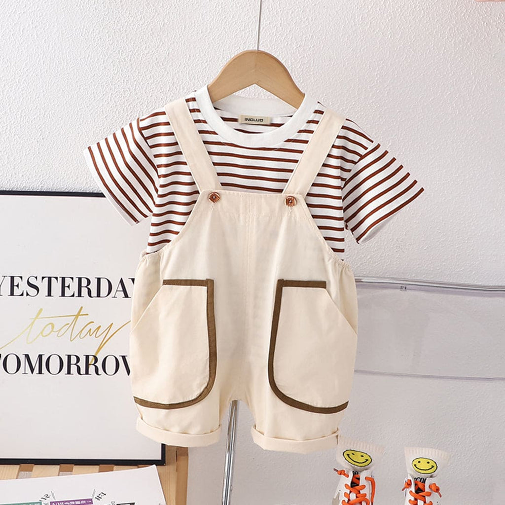Boys Short Sleeve Striped T-Shirt With Short Length Dungaree 2 pc. Sets Off White 1-2 Y 