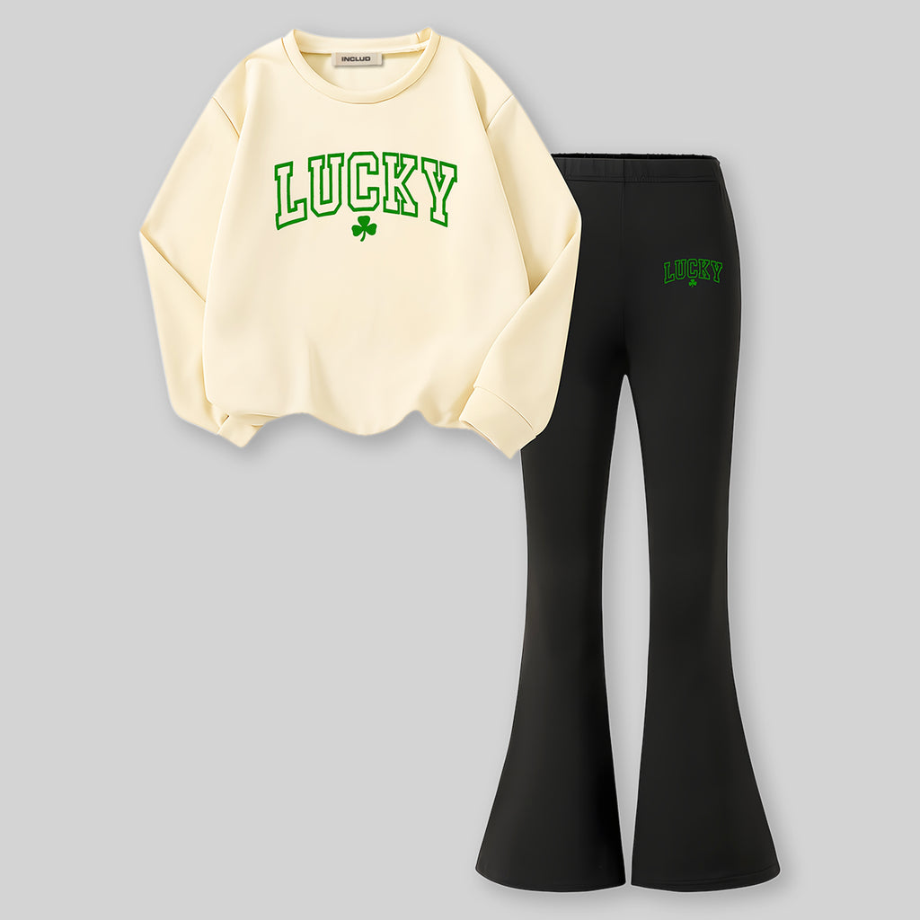 Girls Apricot Typographic Printed Sweatshirt With Pants Sets 2 pc. Sets Apricot 7-8 Y