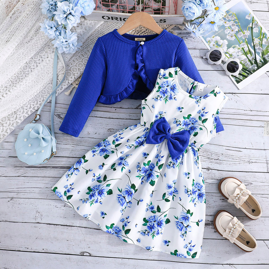Girls Blue Floral Printed Fit And Flared Dress With Shrug Casual Dresses Blue 2-3 Y