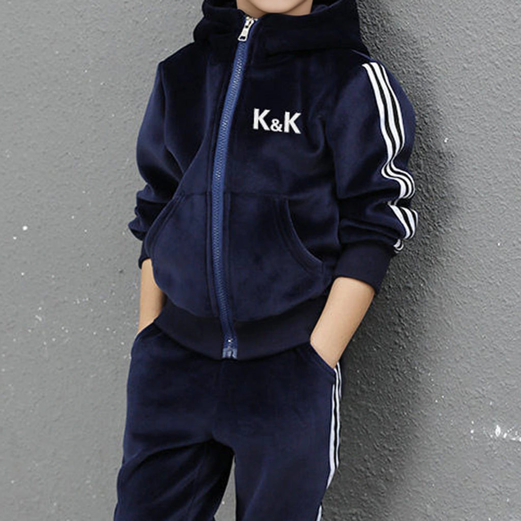 Boys Navy Blue Three Side Stripes Hooded Zip-up Jacket With Jogger Sets Sets Navy Blue 5-6 Y