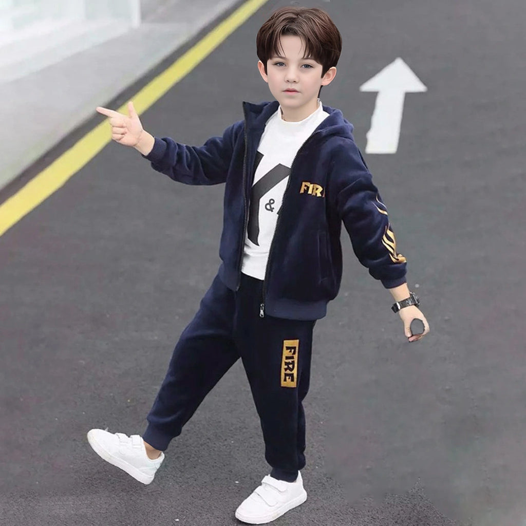 Boys Navy Blue Typographic Printed Hooded Zip-up Jacket With Jogger Sets Sets Navy Blue 5-6 Y