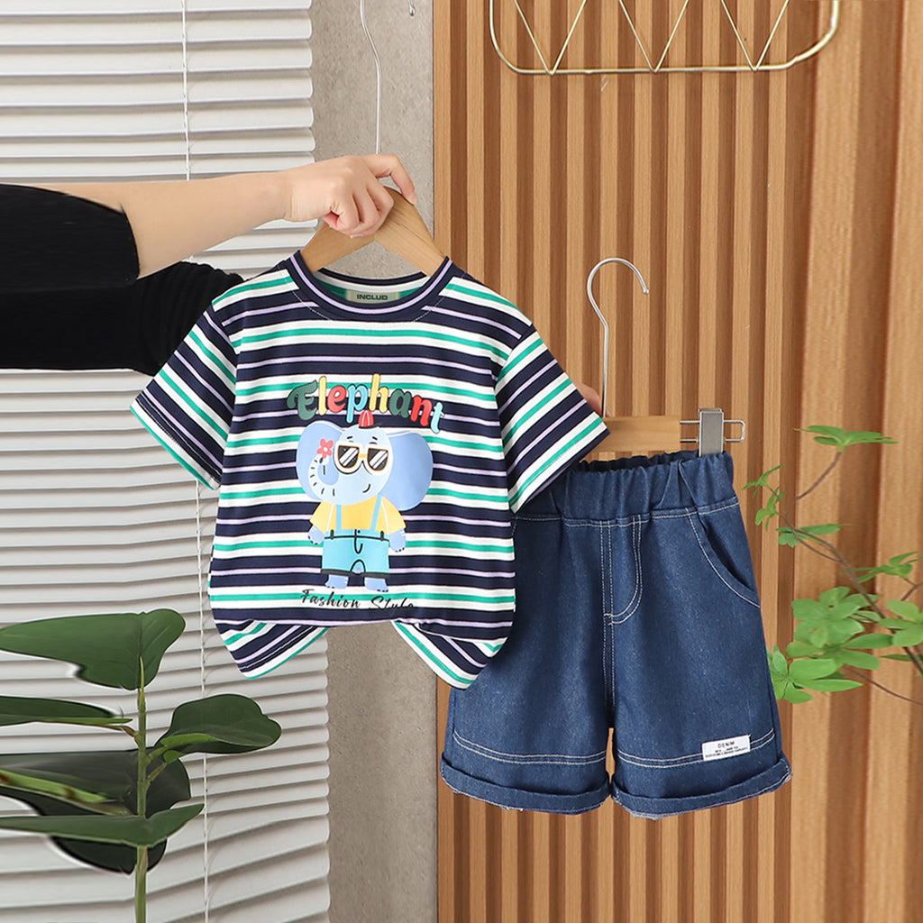 Boys Green Striped Elephant Graphic T-Shirt With Denim Shorts Set 2 pc. Sets Green 1-2 Y