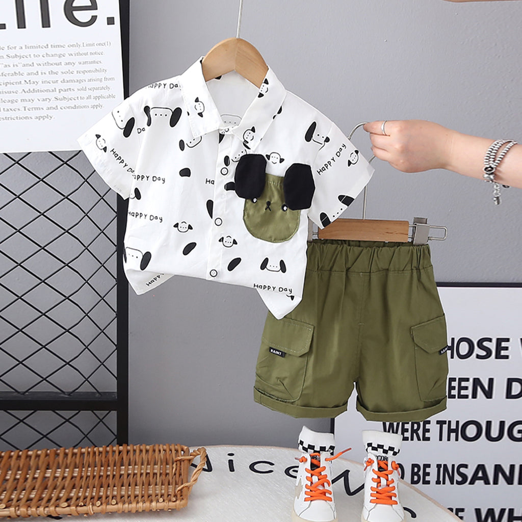 Boys Printed Short Sleeves Shirt With Green Cargo Shorts Set 2 pc. Sets Green 1-2 Y
