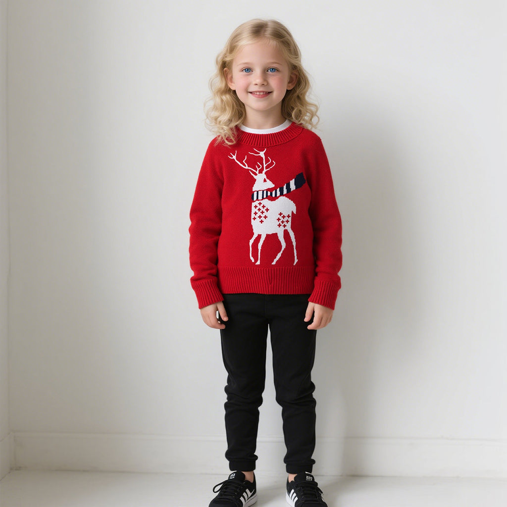 Girls Red Reindeer Self-Designed Winter Pullover Sweater Sweaters & Cardigans Red 1-2 Y