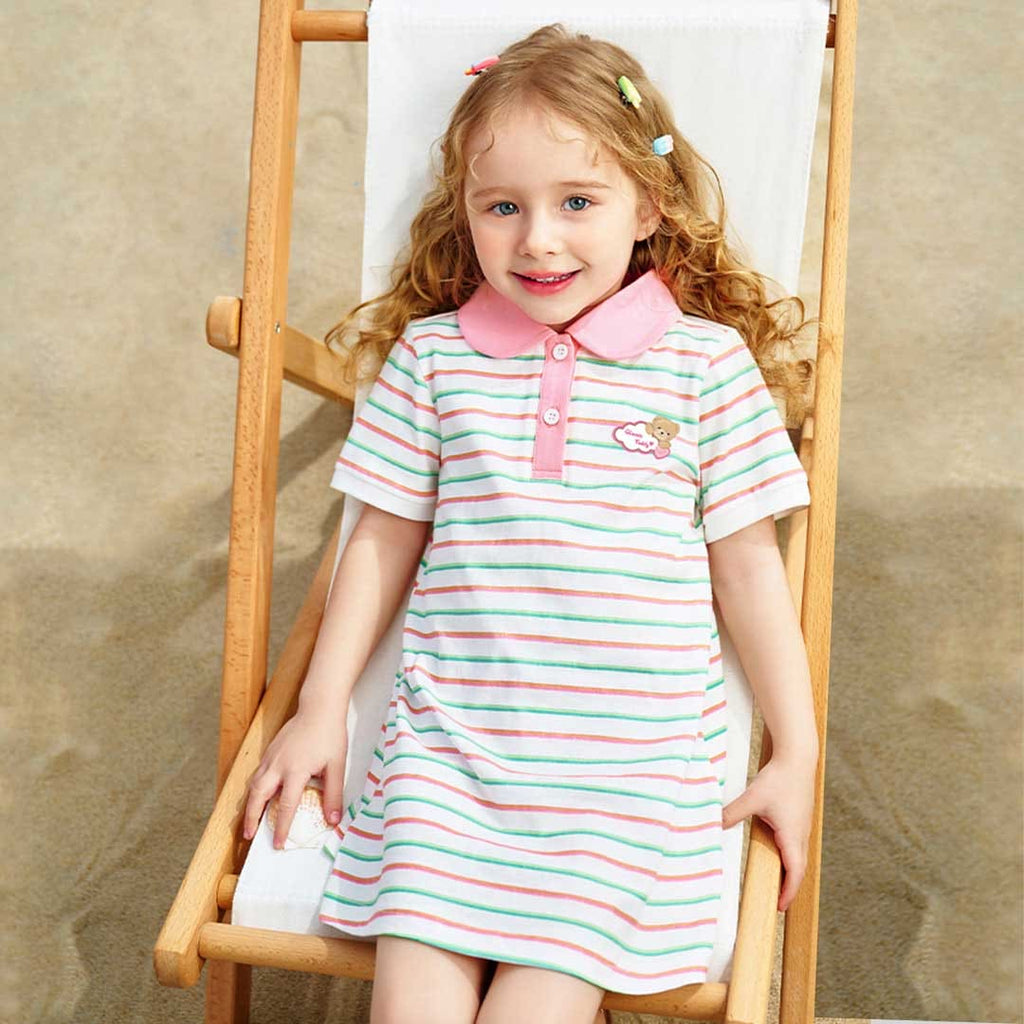 Girls Round Shape Collar Polo Neck Striped Dress Casual Dresses Green 1-2 Y 