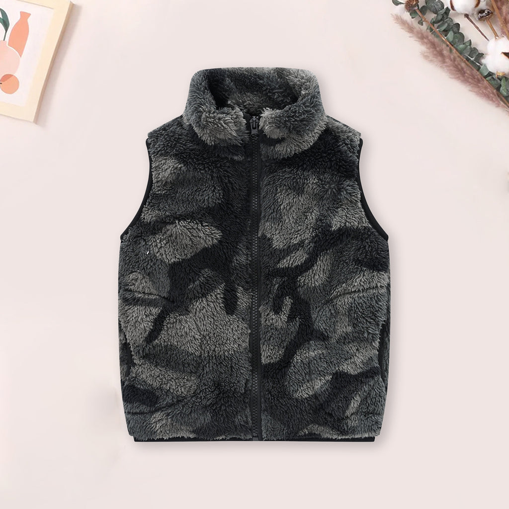 Girls Dark Grey Abstract Printed Fleece Front Zipper Sleeveless Winter Jacket Coats & Jackets Dark Grey 3-4 Y