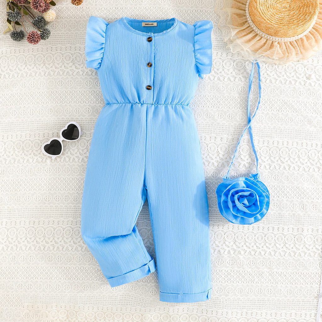Girls Light Blue Textured Flutter Sleeves Overall Jumpsuit With Sling Bag Jumpsuits Light Blue 2-3 Y