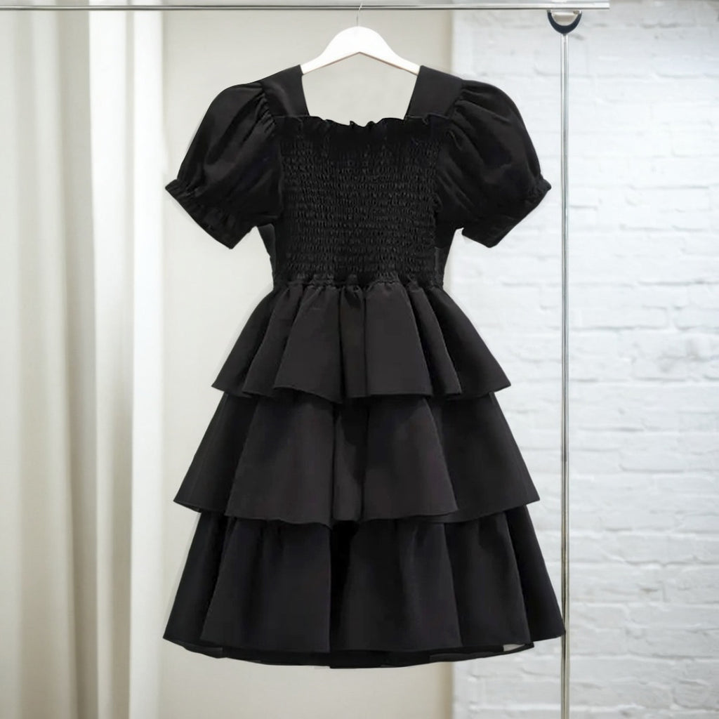 Girls Puff Sleeves Elasticated Smocking Tiered Dress Casual Dresses Black 4-5 Y 