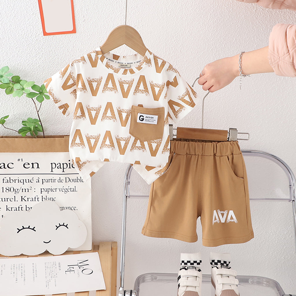 Boys Brown Printed Short Sleeves T-Shirt With Patch Pocket And Shorts Set 2 pc. Sets