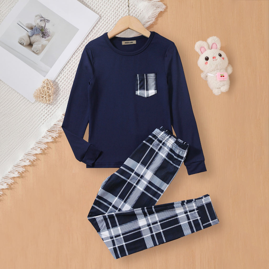 Boys Navy Blue Long Sleeves T-Shirt With Checked Pants Set 2 pc. Sets Navy Blue 7-8 Y