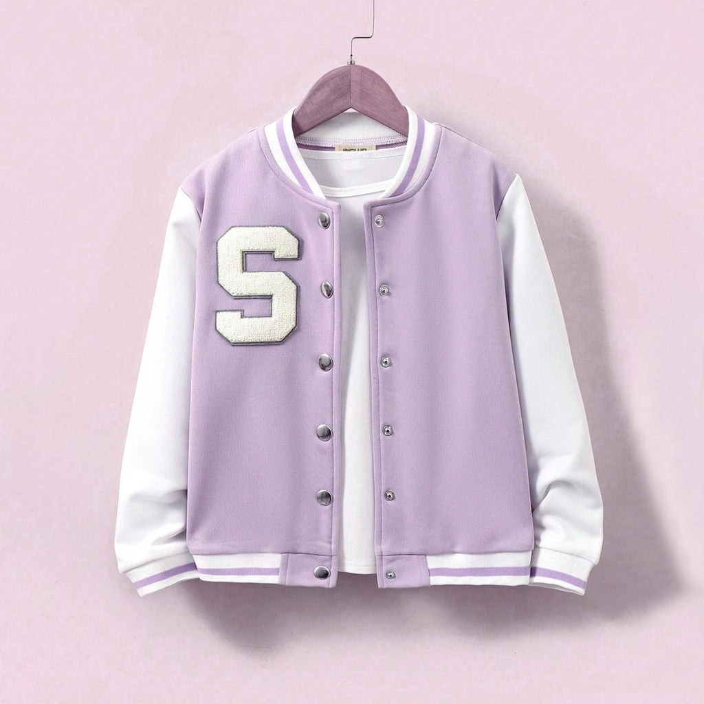 Girls Lilac Solid S Applique varsity Jacket Coats & Jackets Lilac 7-8 Y