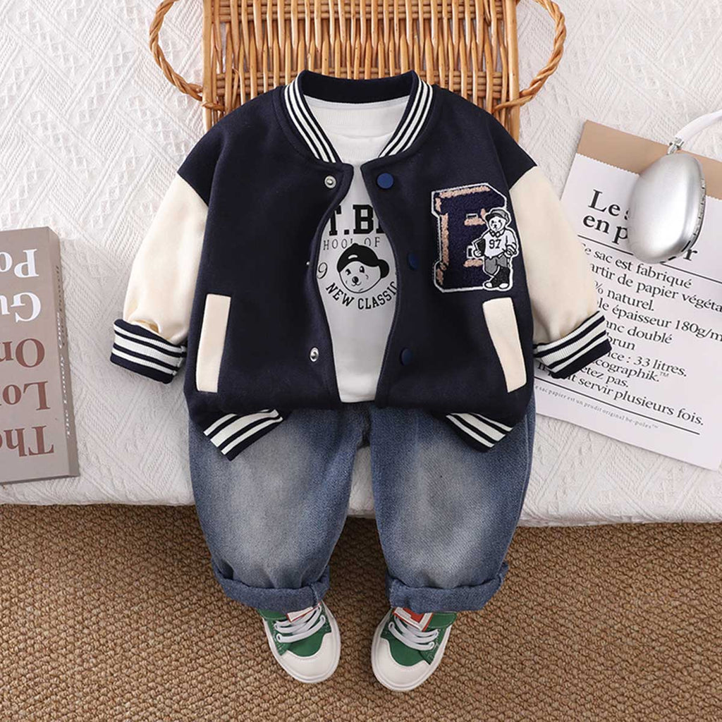 Boys Navy Blue Printed Varsity Jacket with T-shirt & Jeans Set Sets Navy Blue 1-2 Y