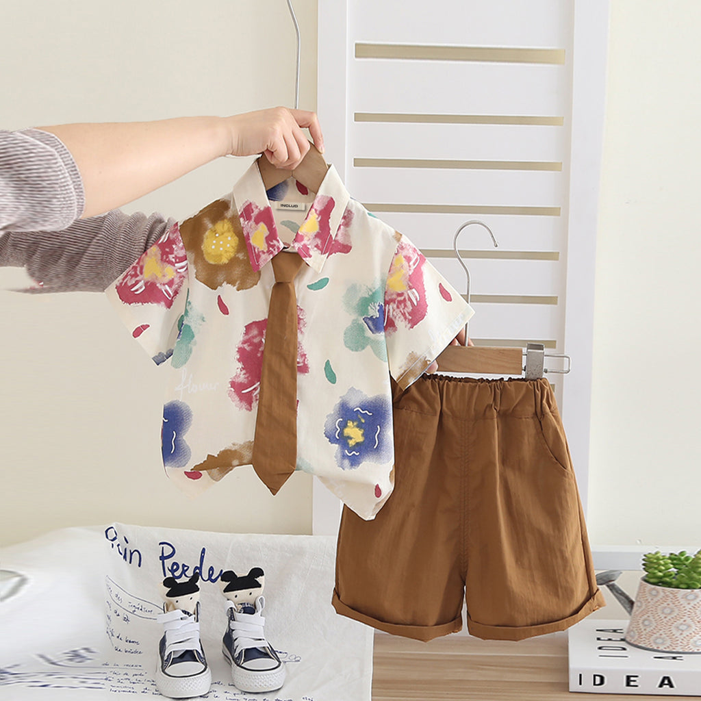 Boys Printed Short Sleeves Shirt With Brown Neck Tie And Shorts Set 3 pc. Sets Brown 1-2 Y