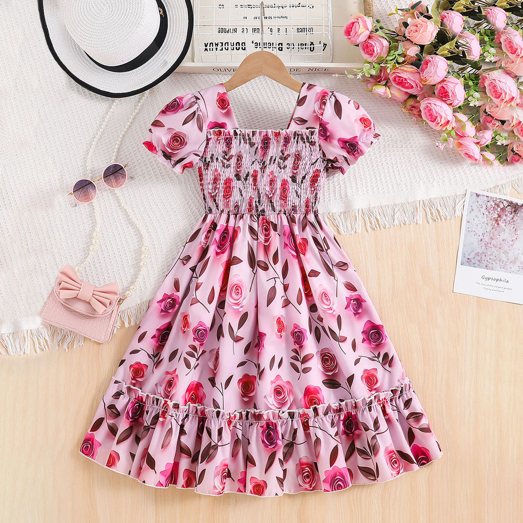 Girls Light Pink Rose Print Smocked Casual Midi Dress Casual Dresses Light Pink 3-4 Y