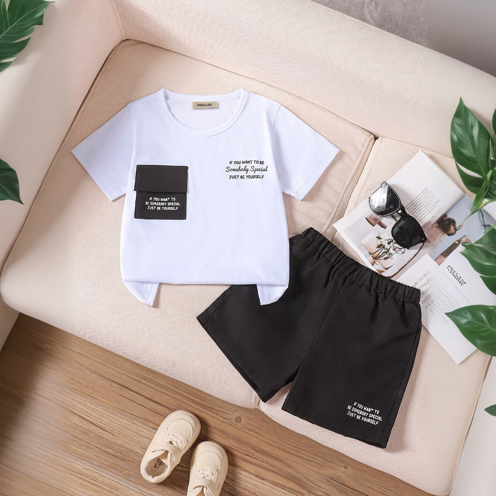 Boys White Typographic Printed Contrast Patch Pocket T-Shirt With Shorts Set 2 pc. Sets White 3-4 Y