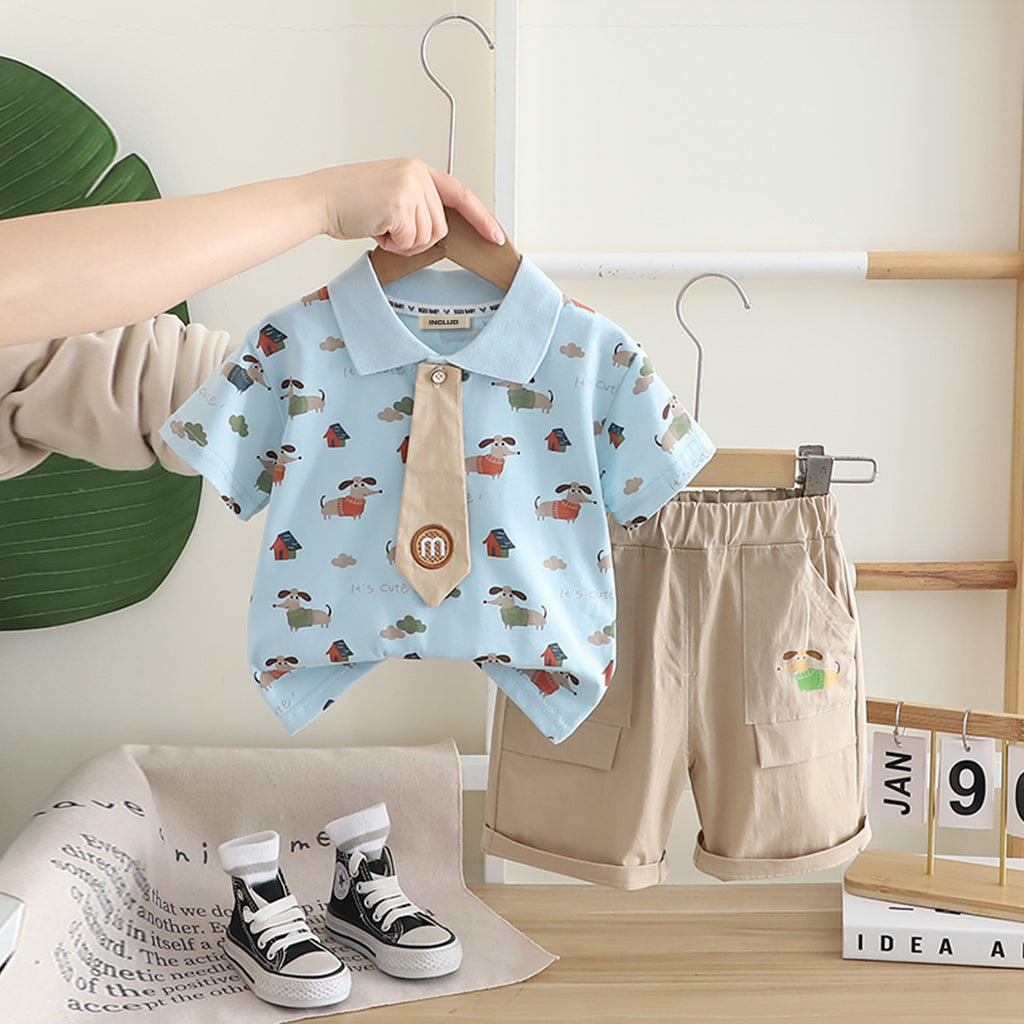 Boys Blue Animal Printed Polo T-shirt with attached Tie And Shorts Set Sets Blue 1-2 Y
