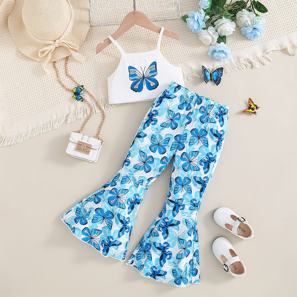 Girls Blue Butterfly Printed Crop Top with Flared Pants Set Sets Blue 3-4 Y