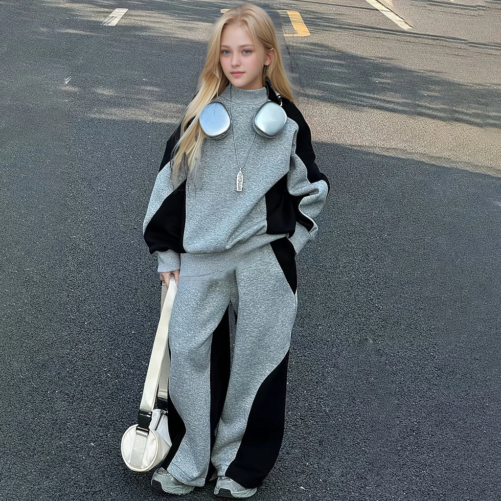 Girls Grey Colorblocked High Neck Sweatshirt With Pants Co-ord Sets Sets Grey 5-6 Y