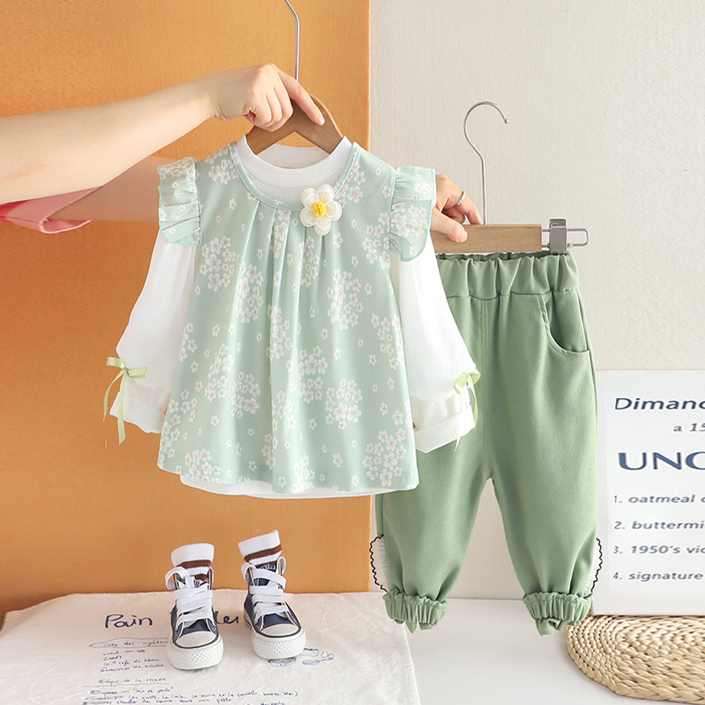 Girls Green Floral Printed Tunic With T-Shirt & Pants Set Sets Green 1-2 Y