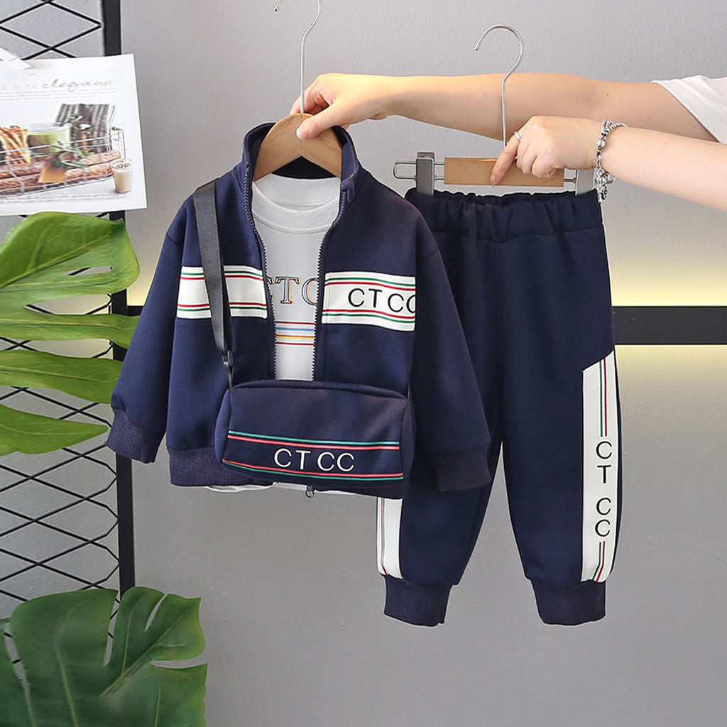 Boys Navy Blue Typographic Printed Sweatshirt With T-Shirt & Sling Bag & Pants Set Sets Navy Blue 1-2 Y