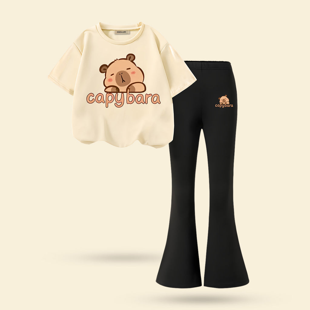 Girls Apricot Teddy Print Short Sleeve Top With Bell Bottom Pants Set 2 pc. Sets Apricot 7-8 Y