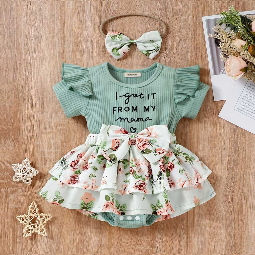 Girls Short Sleeve Floral Printed Fit & Flare Dress Casual Dresses Green 1-2 Y 