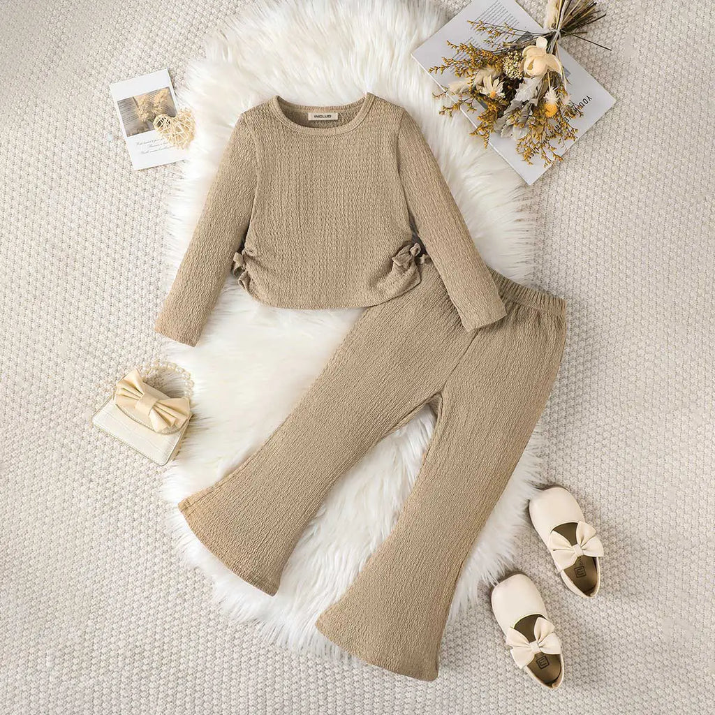 Girls Khaki Textured Top With Flared Pants Sets 2 pc. Sets Khaki 3-4 Y