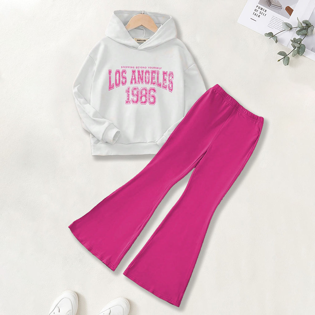 Girls White Alphanumeric Printed Hooded Sweatshirt With Pants sets 2 pc. Sets White 7-8 Y