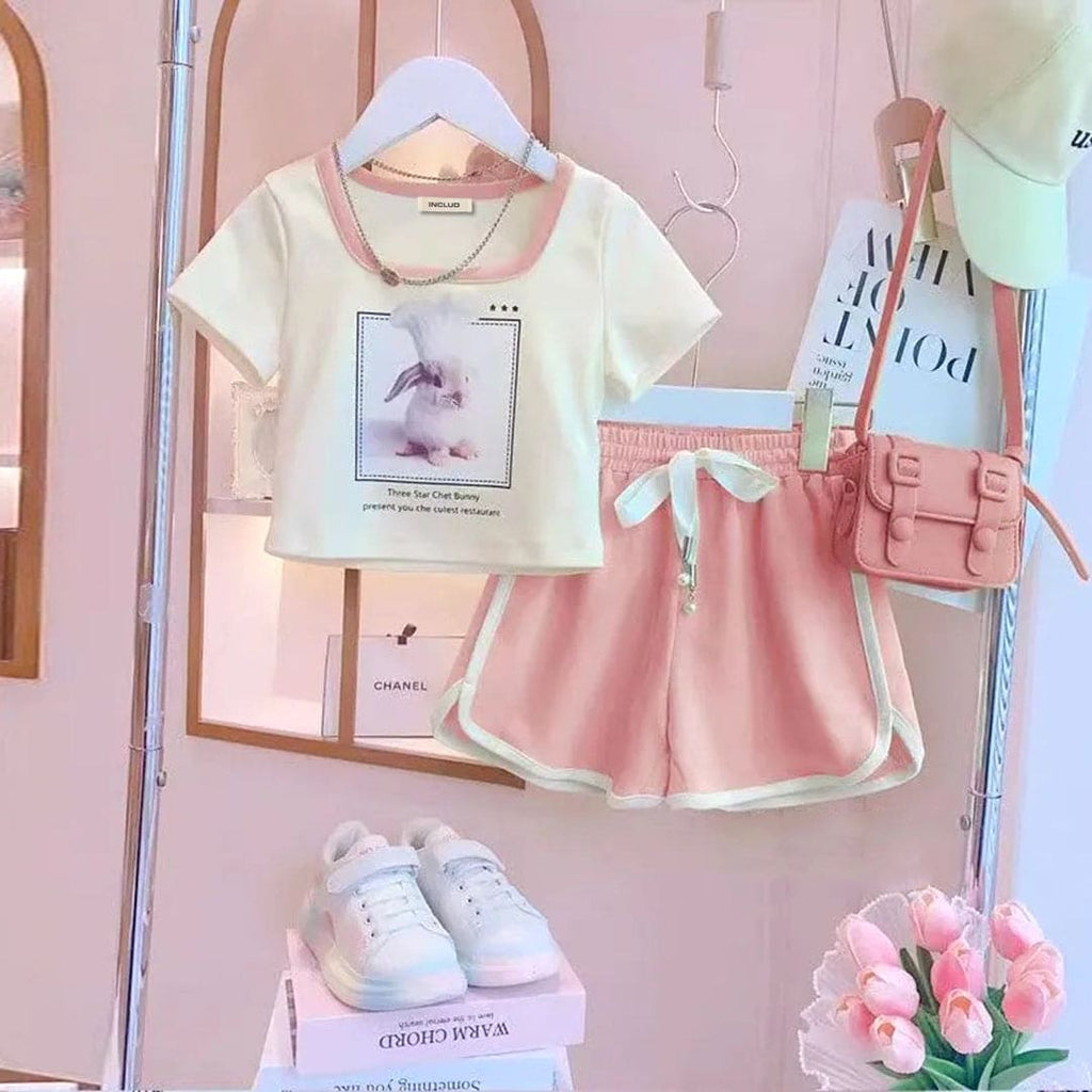 Girls Crop Length Graphic T-Shirt With Shorts Sets Pink 4-5 Y