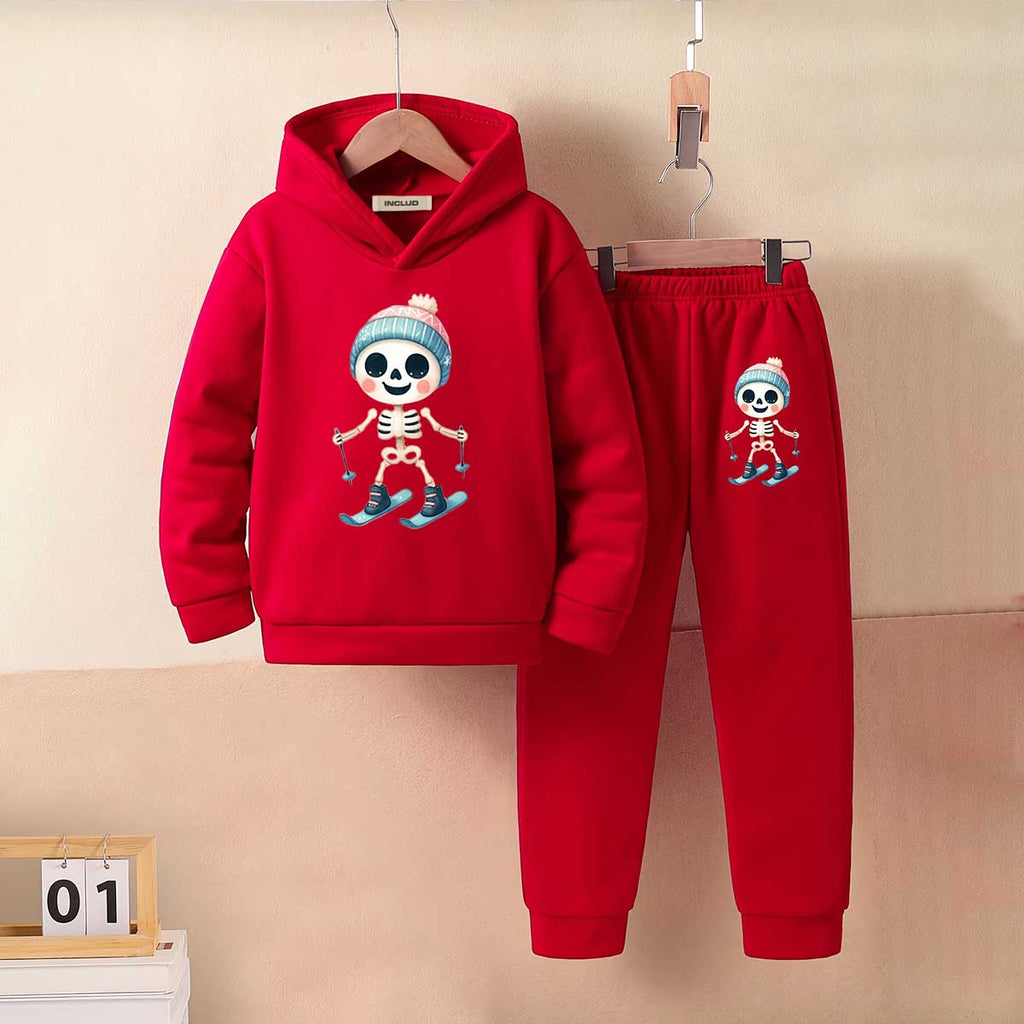 Girls Red Skating Skeleton Printed Hooded Sweatshirt With Jogger Co-ord Sets 2 pc. Sets Red 5-6 Y
