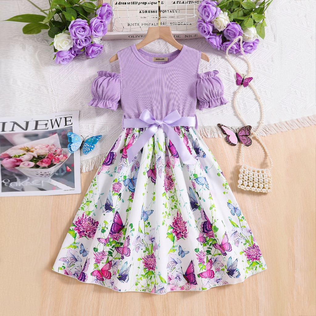 Girls Purple Butterfly Printed Cold Shoulder Fit And Flared Dress Casual Dresses Purple 3-4 Y