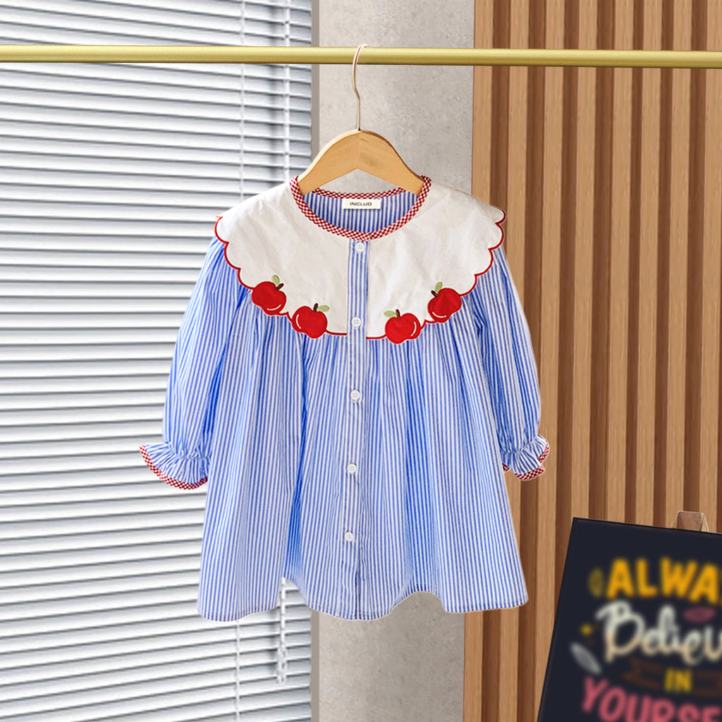 Girls Peter Pan Collar Pin Stripe Dress Casual Dresses Blue 1-2 Y 