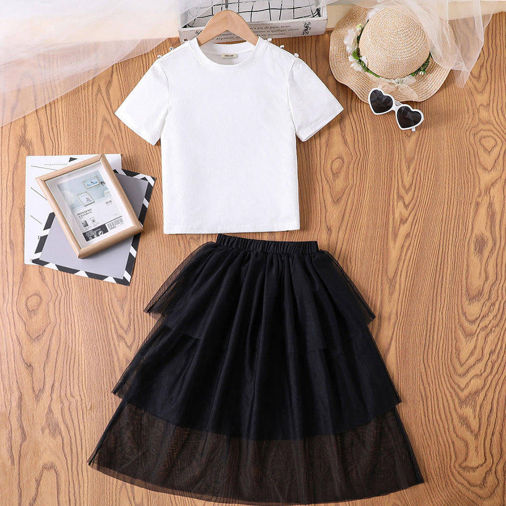 Girls White Short Sleeve T-Shirt With Elasticated Layered Skirt Set 2 pc. Sets White 8-9 Y