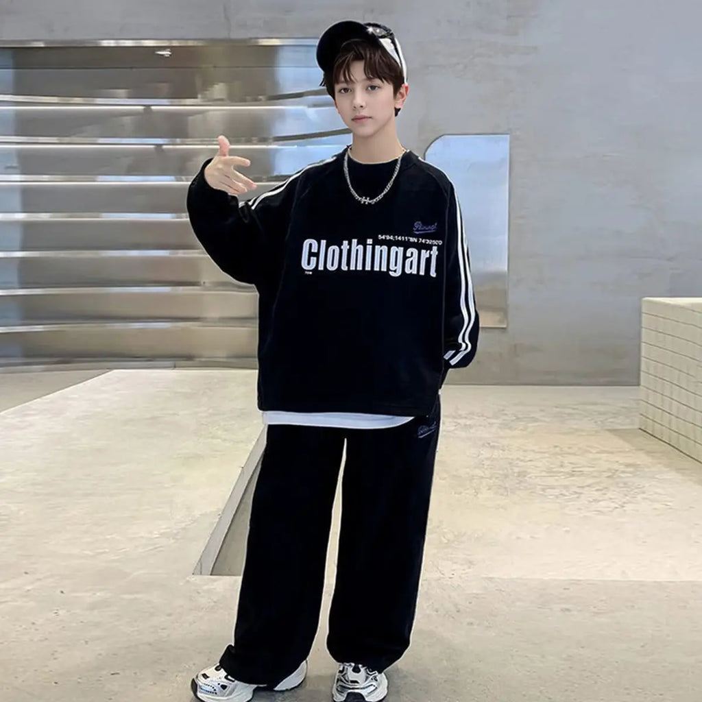 Boys Black Typographic Printed Sweatshirt With Pants Set Sets Black 5-6 Y