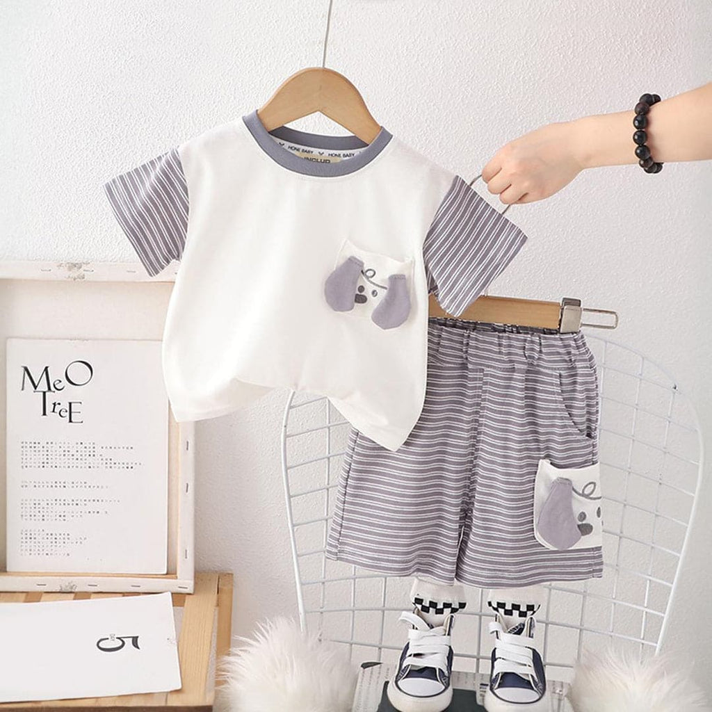Boys Pocket Applique T-Shirt With Striped Shorts Set 2 pc. Sets Grey 1-2 Y 