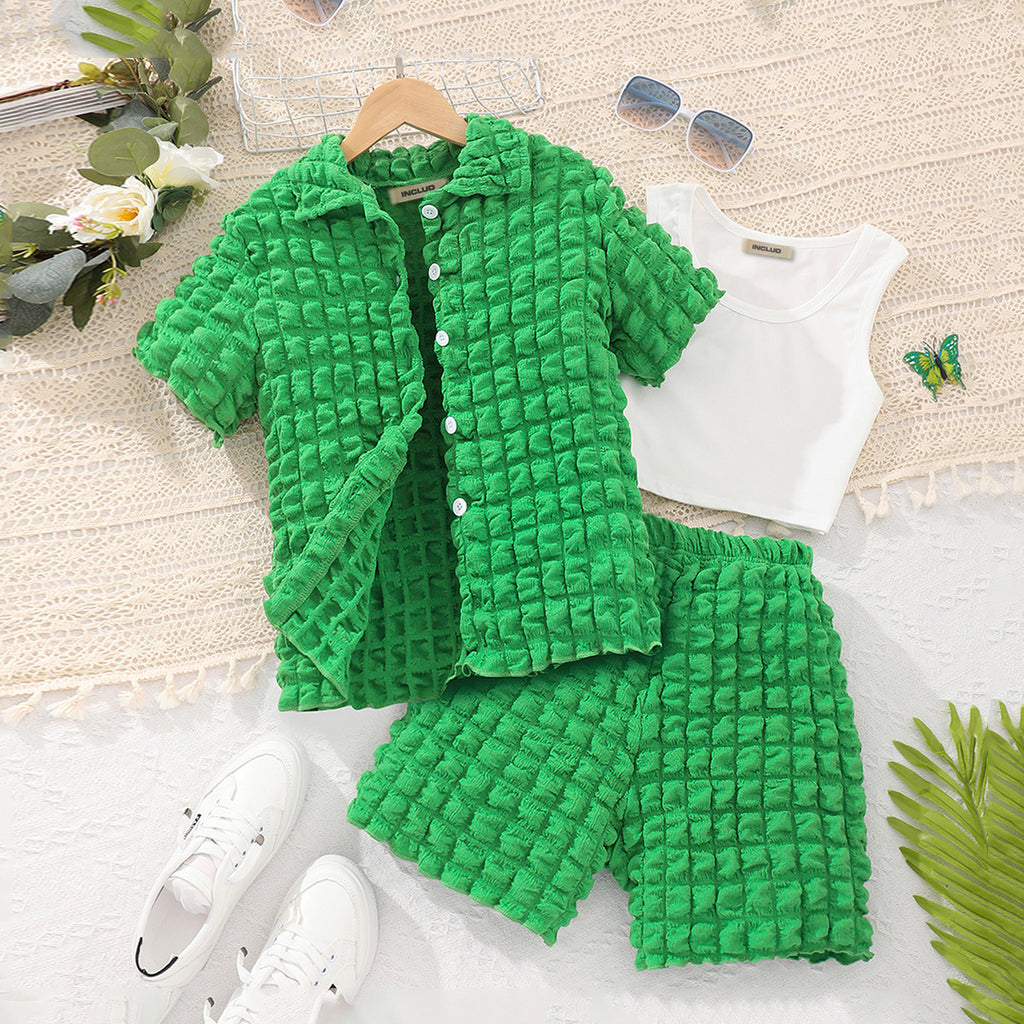 Girls Green Waffle Textured Shirt with Shorts Set Sets Green 7-8 Y