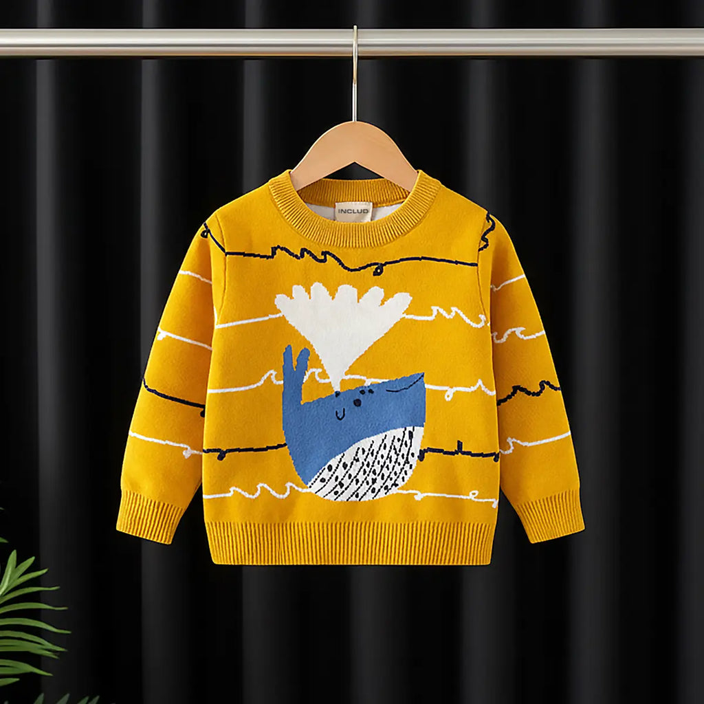 Boys Yellow Self-Design Whale Cartoon Pattern Knitted Sweater Sweaters & Cardigans Yellow 1-2 Y