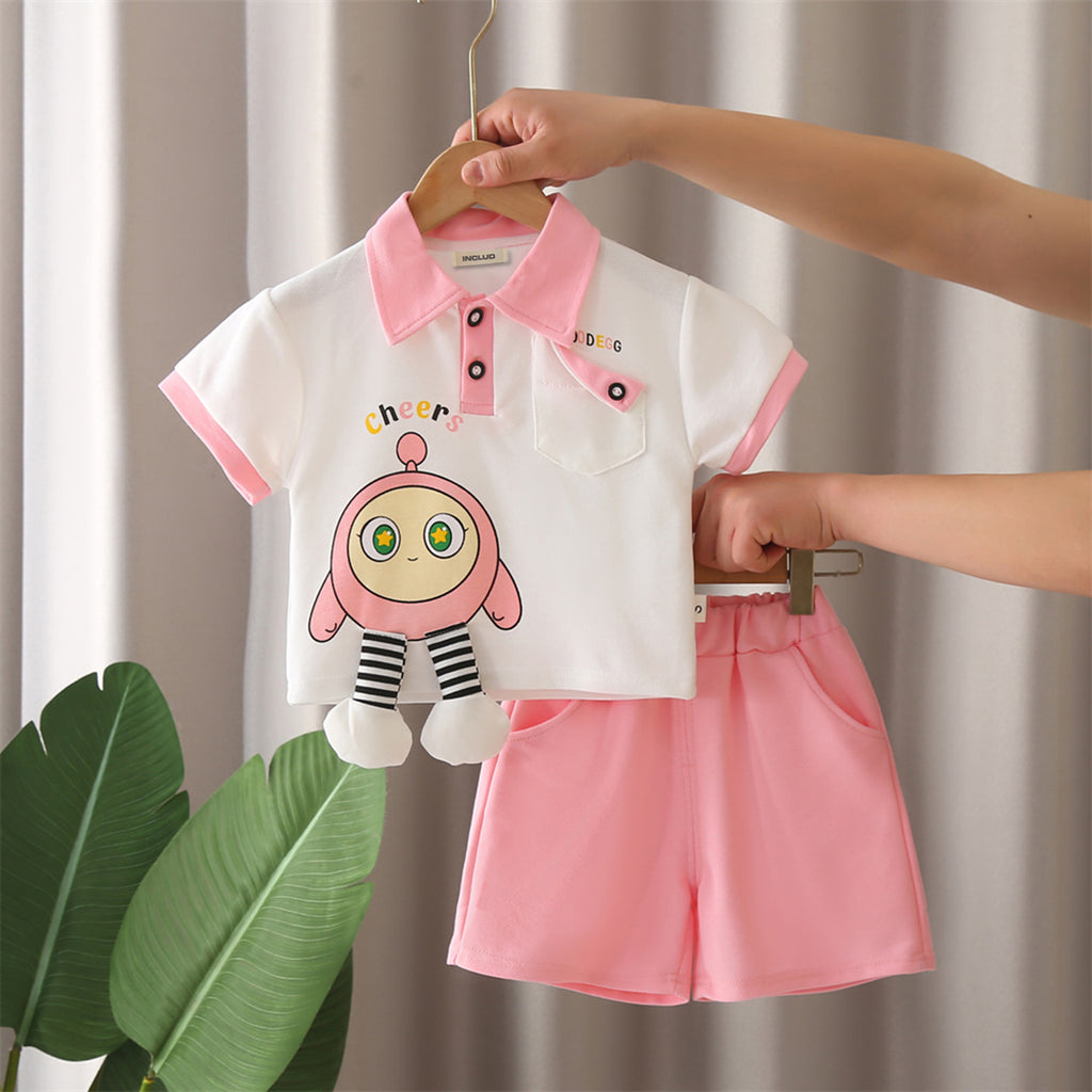 Boys Pink Cartoon Printed Applique Short Sleeves Polo T-Shirt With Shorts Set 2 pc. Sets Pink 1-2 Y