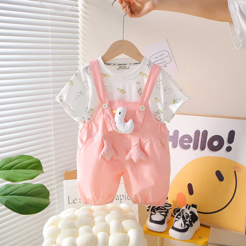 Girls Duck Printed T-Shirt With Light Pink 3D Duck Appliqued Dungaree Set 2 pc. Sets Light Pink 1-2 Y