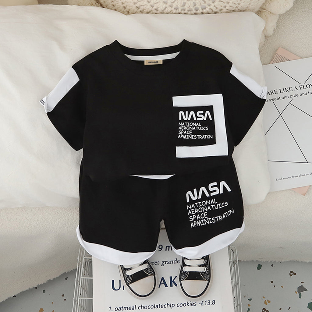 Boys Black Typographic Nasa Printed T-Shirt With Shorts Set 2 pc. Sets Black 1-2 Y